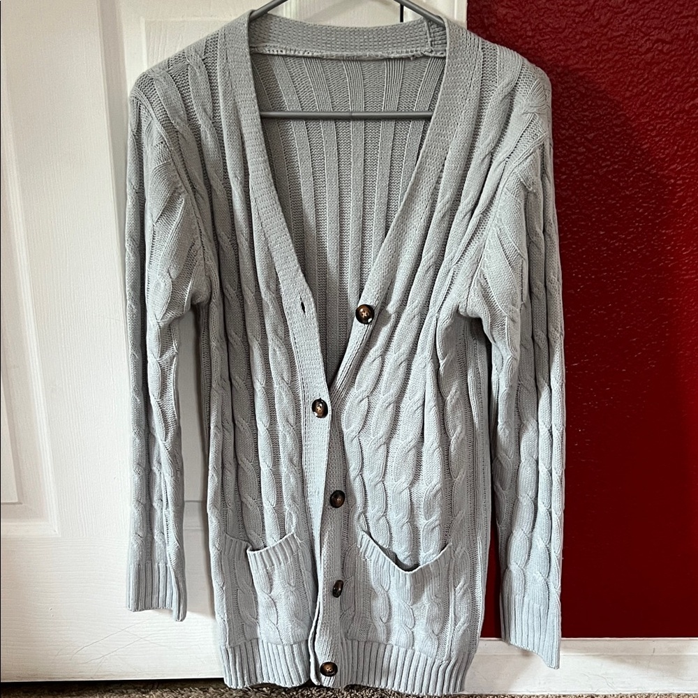 Gray Cable Knit Cardigan Sweater